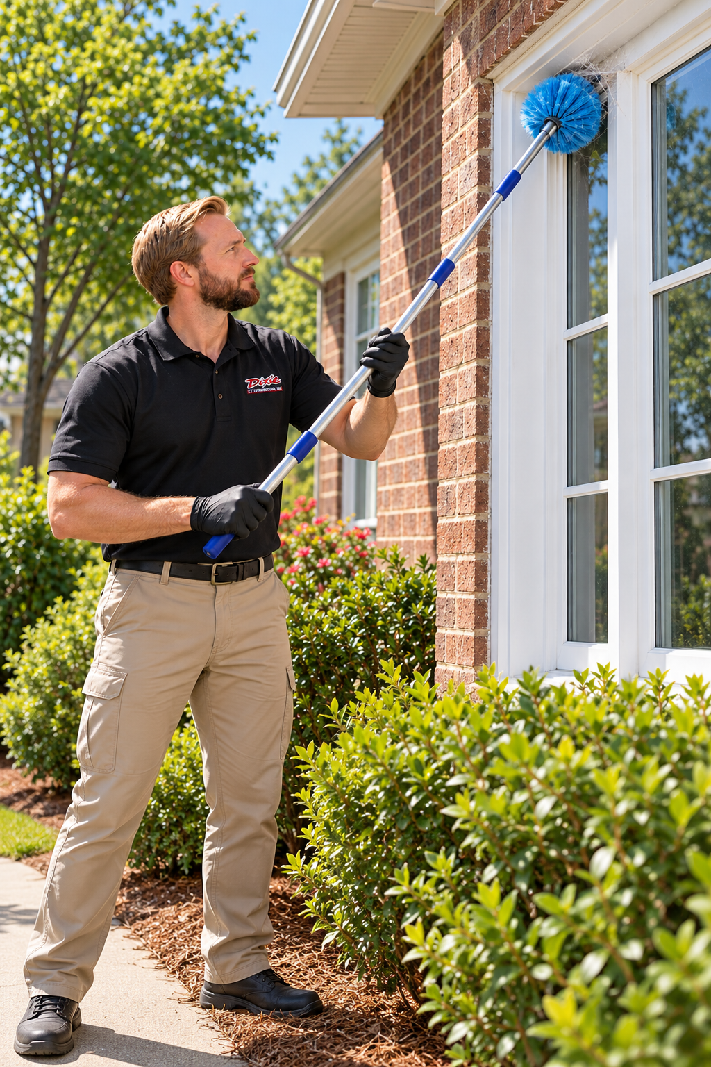 Dixie technician using a web duster to remove spider webs around a home